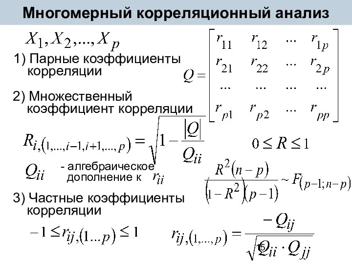 Многомерный корреляционный анализ 1) Парные коэффициенты корреляции 2) Множественный коэффициент корреляции