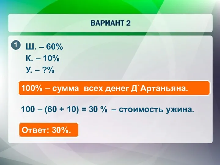 Ш. – 60% К. – 10% У. – ?% 100% –