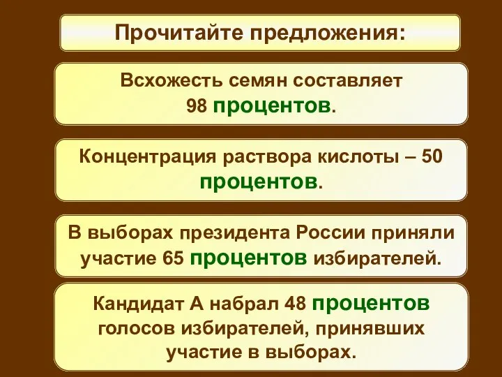 Прочитайте предложения: Всхожесть семян составляет 98 процентов. Концентрация раствора кислоты –