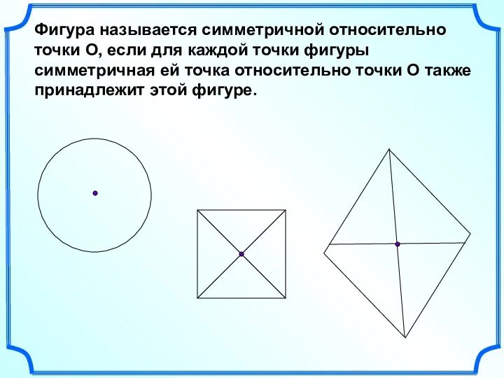 Фигура называется симметричной относительно точки О, если для каждой точки фигуры