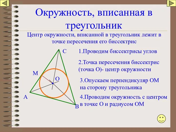 Окружность, вписанная в треугольник Центр окружности, вписанной в треугольник лежит в