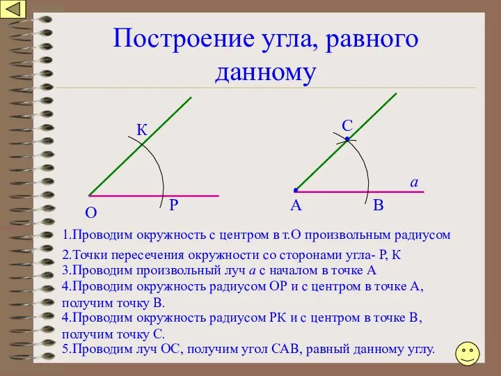 Построение угла, равного данному О 1.Проводим окружность с центром в т.О