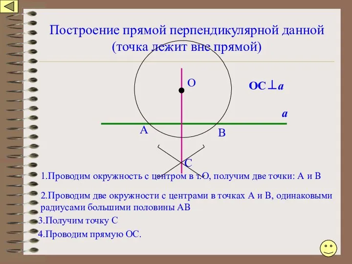 Построение прямой перпендикулярной данной (точка лежит вне прямой) А 1.Проводим окружность