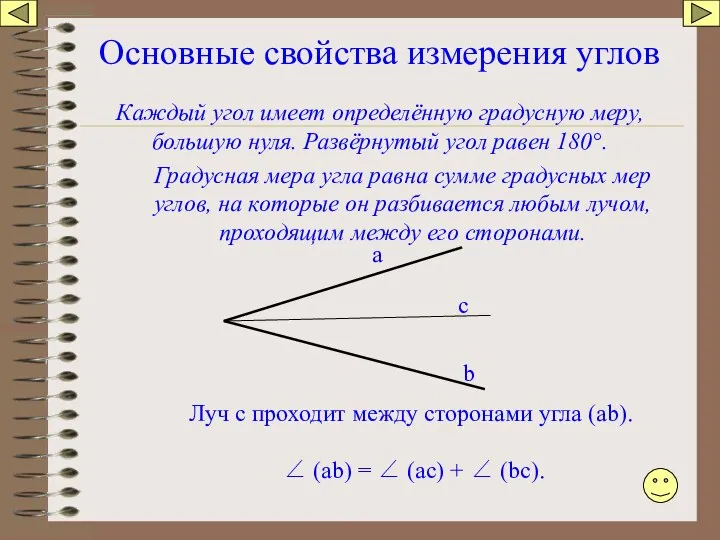 Каждый угол имеет определённую градусную меру, большую нуля. Развёрнутый угол равен