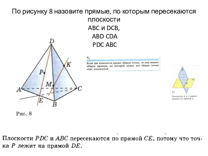 По рисунку 8 назовите прямые, по которым пересекаются плоскости ABC и DCB, ABD CDA PDC ABC