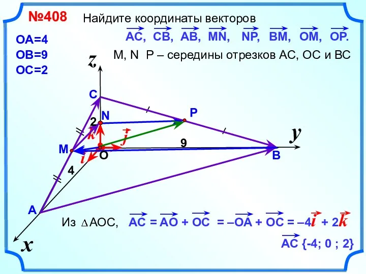 Найдите координаты векторов y x z №408 А В С OA=4
