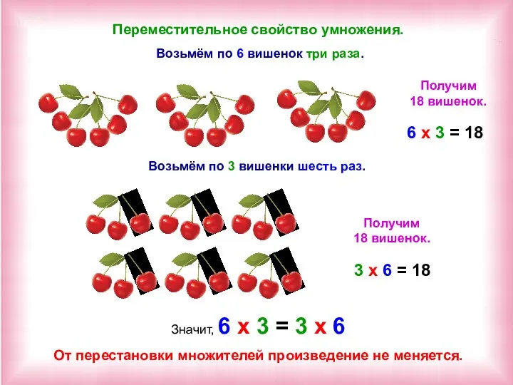 Переместительное свойство умножения. Возьмём по 6 вишенок три раза. Возьмём по