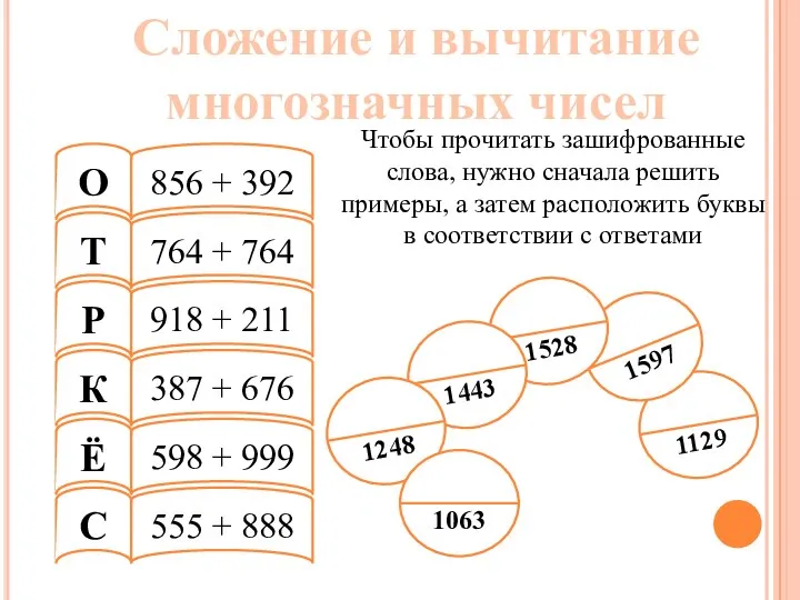 Сложение и вычитание многозначных чисел Чтобы прочитать зашифрованные слова, нужно сначала