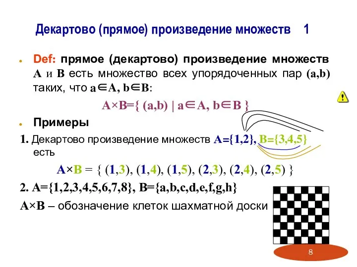 Декартово (прямое) произведение множеств 1 Def: прямое (декартово) произведение множеств A