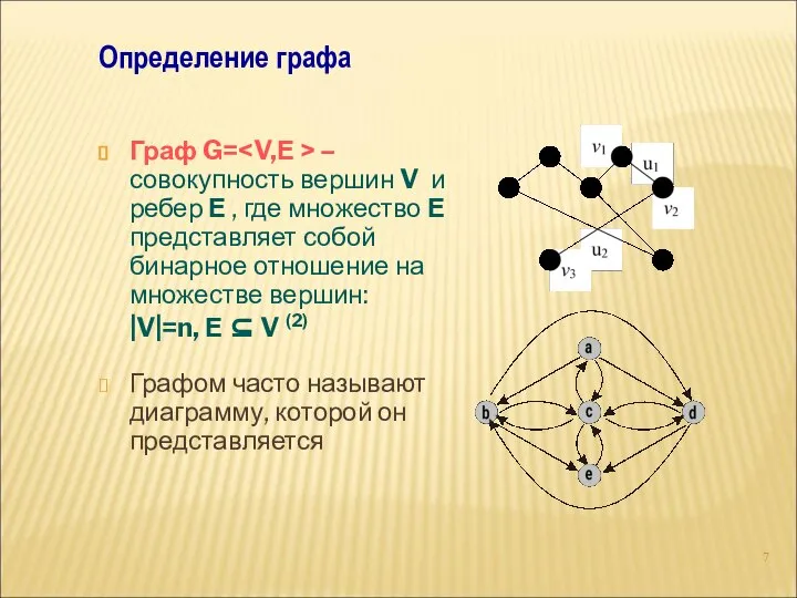 Граф G= –совокупность вершин V и ребер Е , где множество