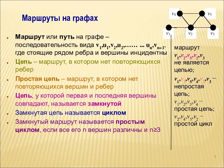 Маршруты на графах Маршрут или путь на графе – последовательность вида