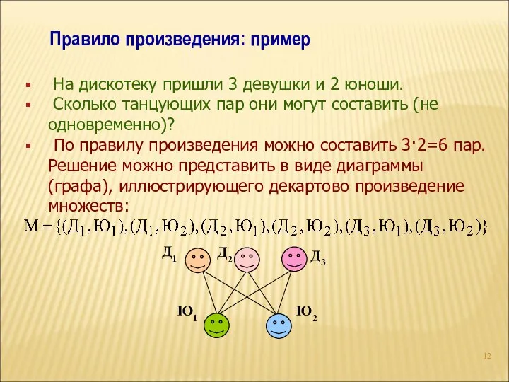 Правило произведения: пример На дискотеку пришли 3 девушки и 2 юноши.