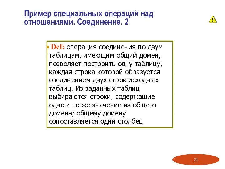 Def: операция соединения по двум таблицам, имеющим общий домен, позволяет построить