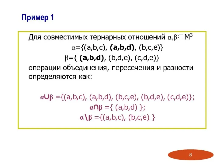 Пример 1 Для совместимых тернарных отношений α,β⊆M3 α={(a,b,c), (a,b,d), (b,c,e)} β={