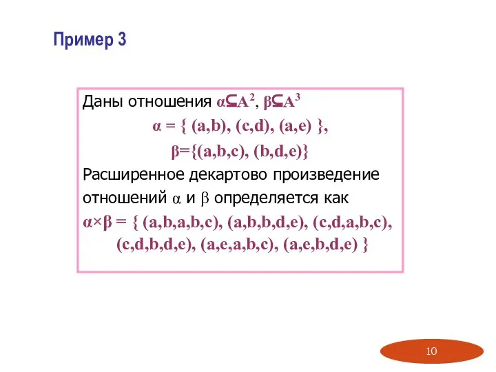 Пример 3 Даны отношения α⊆Α2, β⊆Α3 α = { (a,b), (c,d),