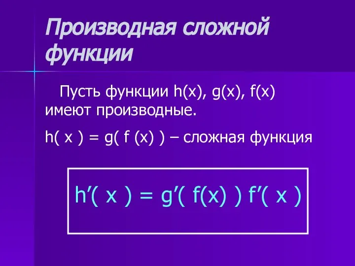 Производная сложной функции Пусть функции h(x), g(x), f(x) имеют производные. h(