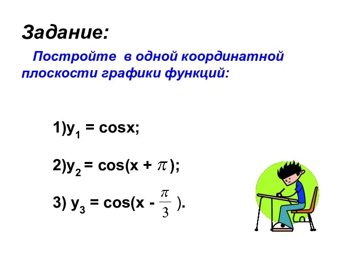 Задание: Постройте в одной координатной плоскости графики функций: 1)y1 = cosx;