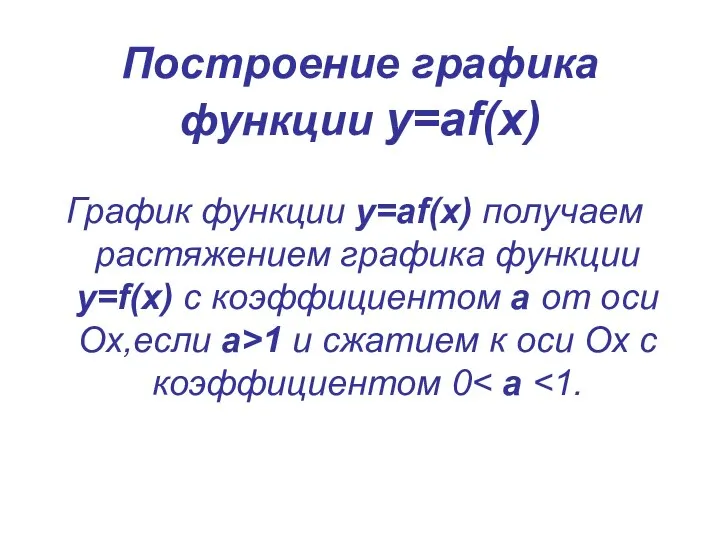 Построение графика функции у=аf(x) График функции у=аf(x) получаем растяжением графика функции