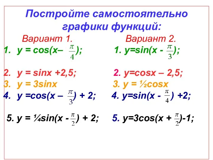 Постройте самостоятельно графики функций: Вариант 1. Вариант 2. у = cos(x–