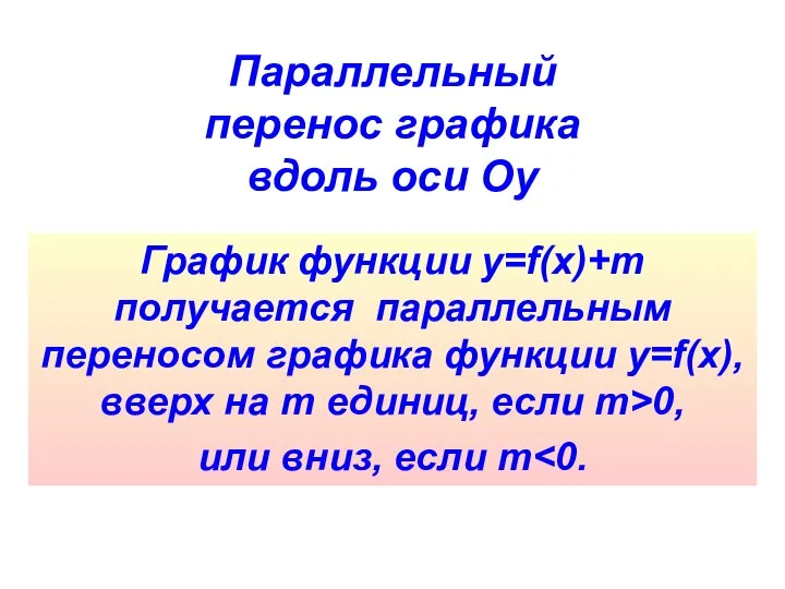 Параллельный перенос графика вдоль оси Оу График функции y=f(x)+m получается параллельным