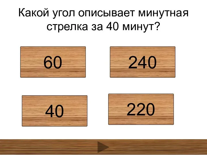 Какой угол описывает минутная стрелка за 40 минут? 60 240 40 220