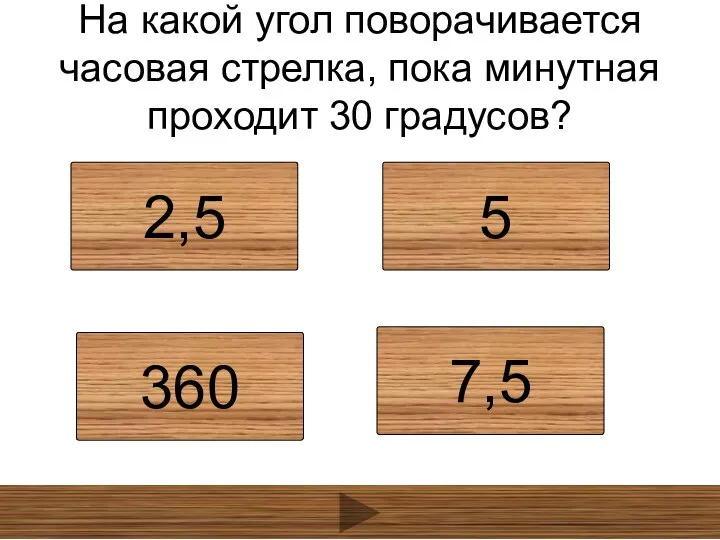 На какой угол поворачивается часовая стрелка, пока минутная проходит 30 градусов? 2,5 5 360 7,5