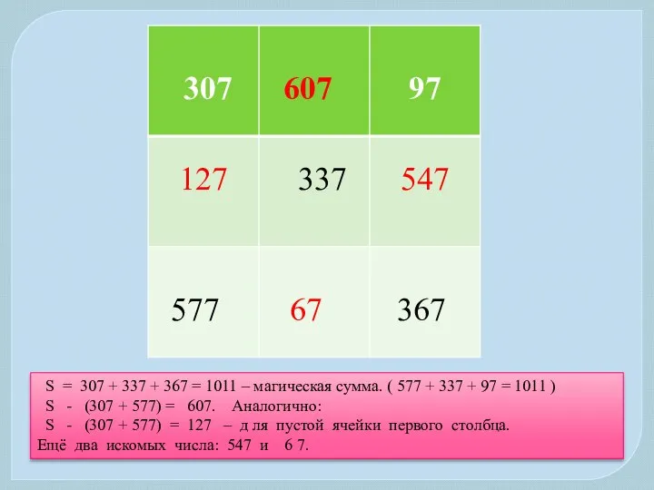 S = 307 + 337 + 367 = 1011 – магическая