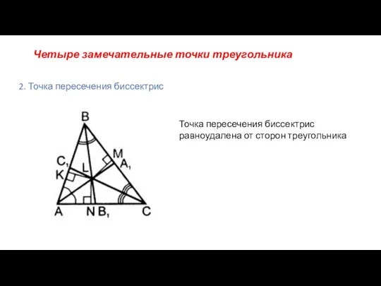 Четыре замечательные точки треугольника 2. Точка пересечения биссектрис Точка пересечения биссектрис равноудалена от сторон треугольника