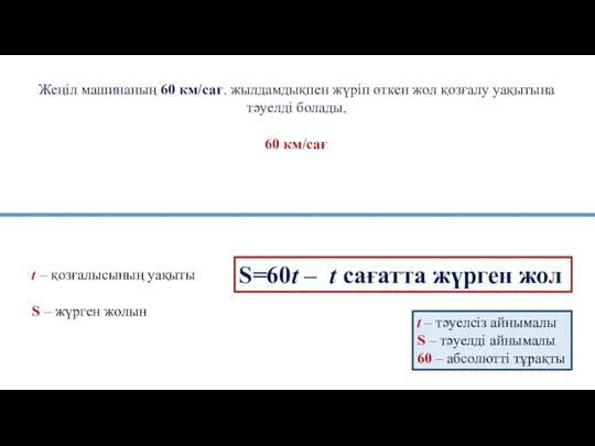 Жеңіл машинаның 60 км/сағ. жылдамдықпен жүріп өткен жол қозғалу уақытына тәуелді