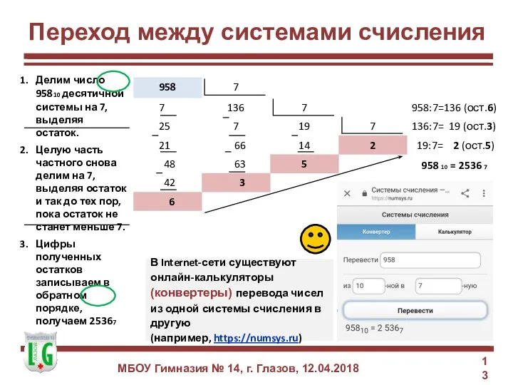 Переход между системами счисления МБОУ Гимназия № 14, г. Глазов, 12.04.2018