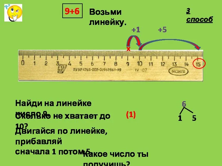 9+6 Возьми линейку. Найди на линейке число 9. Сколько не хватает