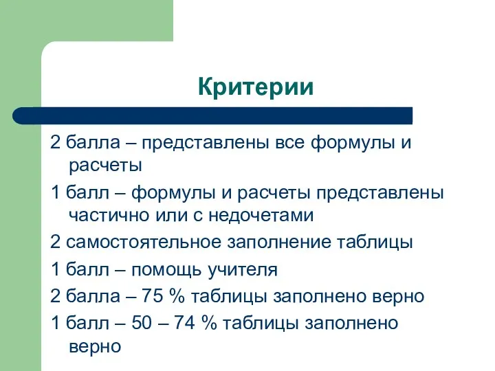 Критерии 2 балла – представлены все формулы и расчеты 1 балл