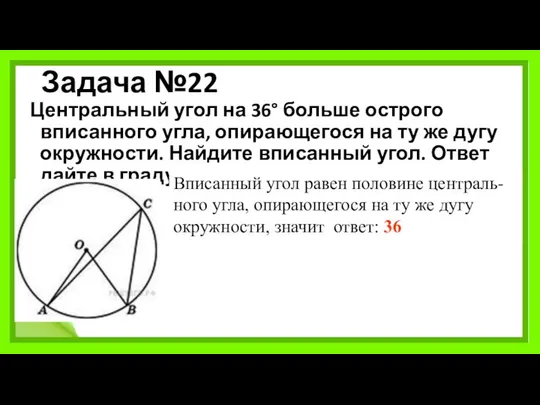 Задача №22 Центральный угол на 36° больше острого вписанного угла, опирающегося