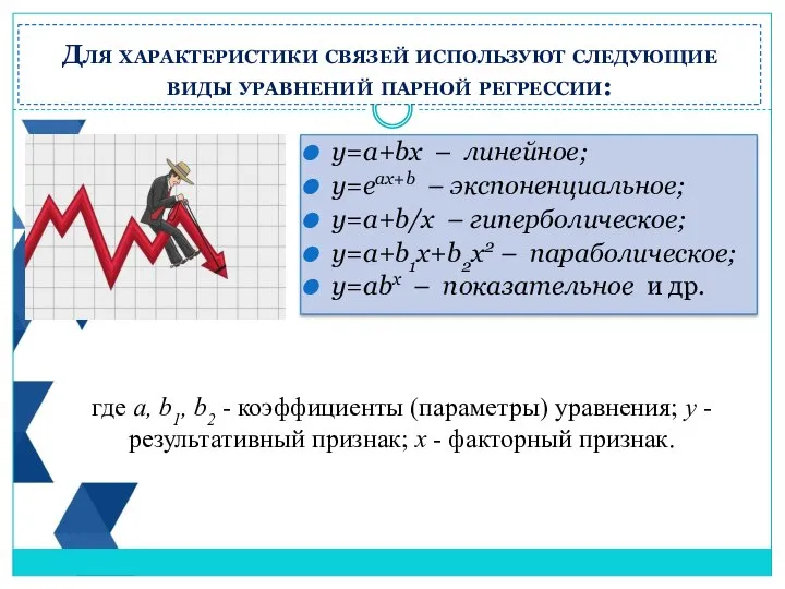 у=a+bx – линейное; y=eax+b – экспоненциальное; y=a+b/x – гиперболическое; y=a+b1x+b2x2 –