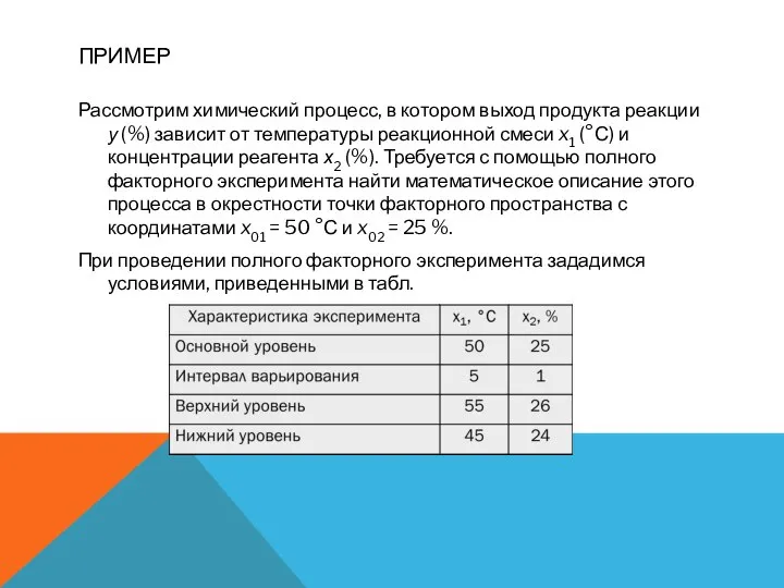 ПРИМЕР Рассмотрим химический процесс, в котором выход продукта реакции у (%)