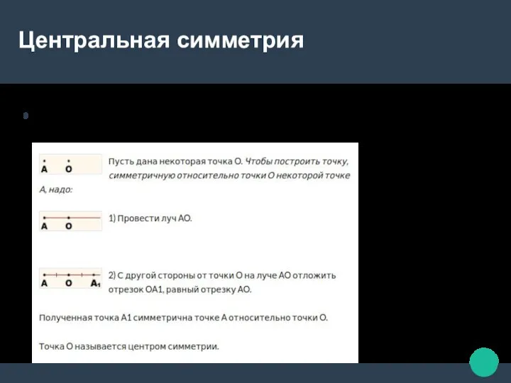 Центральная симметрия Центральная симметрия — это симметрия относительно точки.