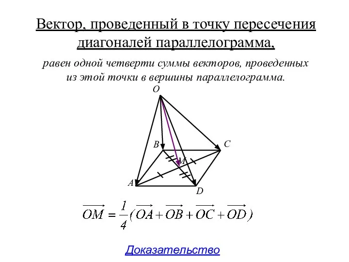 Вектор, проведенный в точку пересечения диагоналей параллелограмма, A B C D