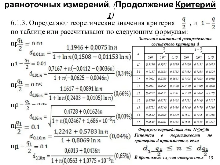 6.1.3. Определяют теоретические значения критерия , и по таблице или рассчитывают