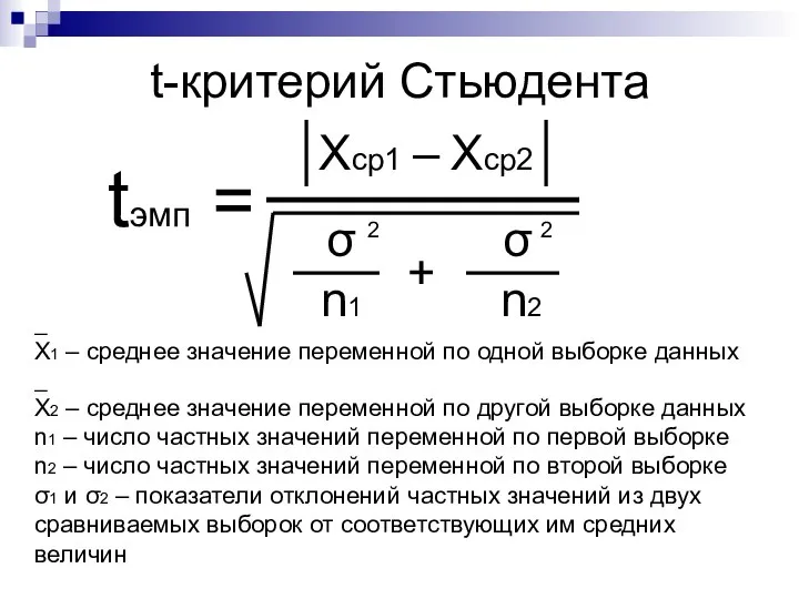 t-критерий Стьюдента _ Х1 – среднее значение переменной по одной выборке