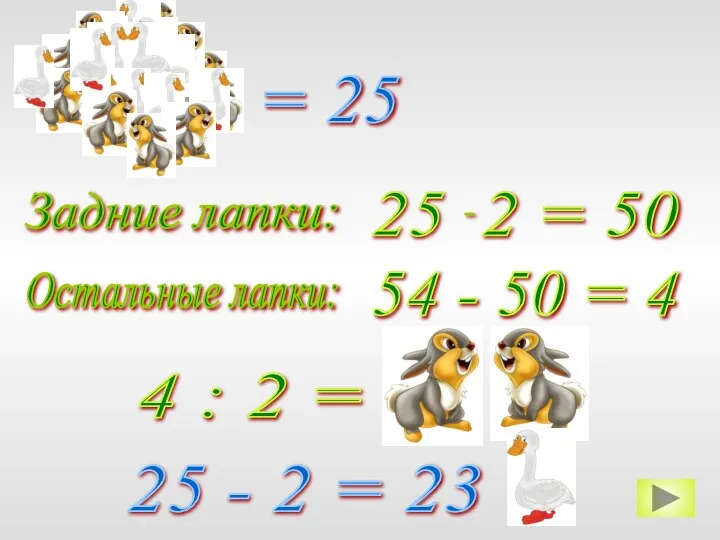 = 25 Задние лапки: Остальные лапки: 54 - 50 = 4