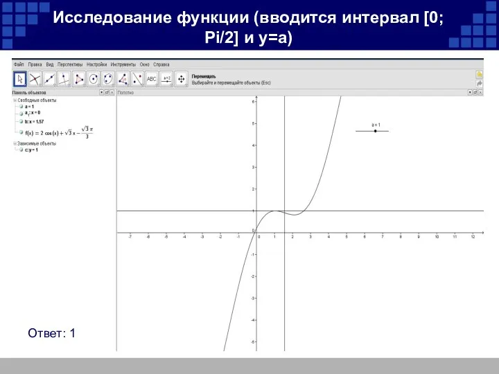 Исследование функции (вводится интервал [0; Pi/2] и y=a) Ответ: 1