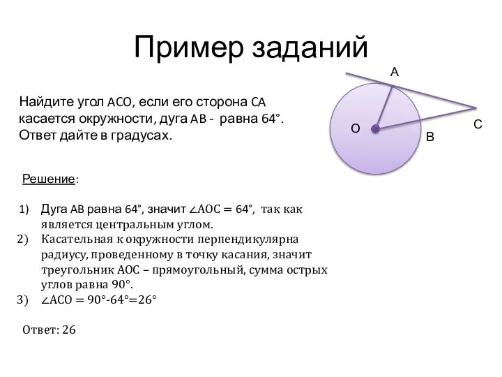 Пример заданий Найдите угол ACO, если его сторона CA касается окружности,