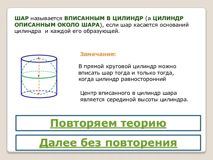 ШАР называется ВПИСАННЫМ В ЦИЛИНДР (а ЦИЛИНДР ОПИСАННЫМ ОКОЛО ШАРА), если