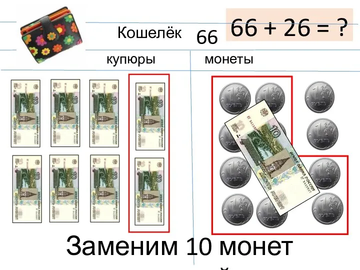 Кошелёк купюры монеты 66 66 + 26 = ? Заменим 10 монет купюрой