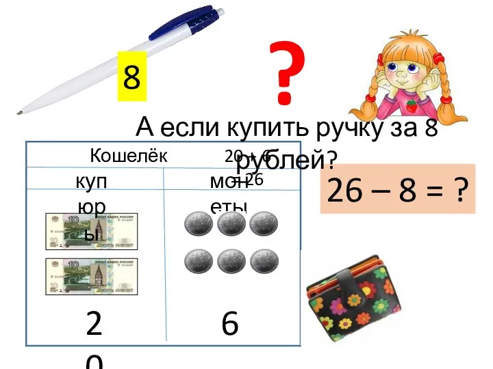 8 ? 26 – 8 = ? А если купить ручку за 8 рублей?