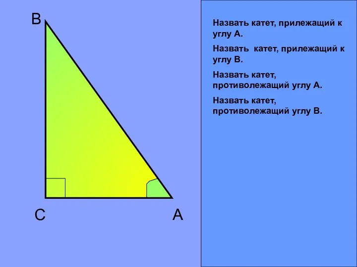 C B A Назвать катет, прилежащий к углу А. Назвать катет,