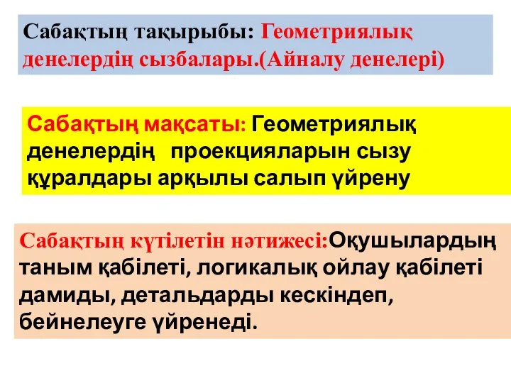 Сабақтың тақырыбы: Геометриялық денелердің сызбалары.(Айналу денелері) Сабақтың мақсаты: Геометриялық денелердің проекцияларын