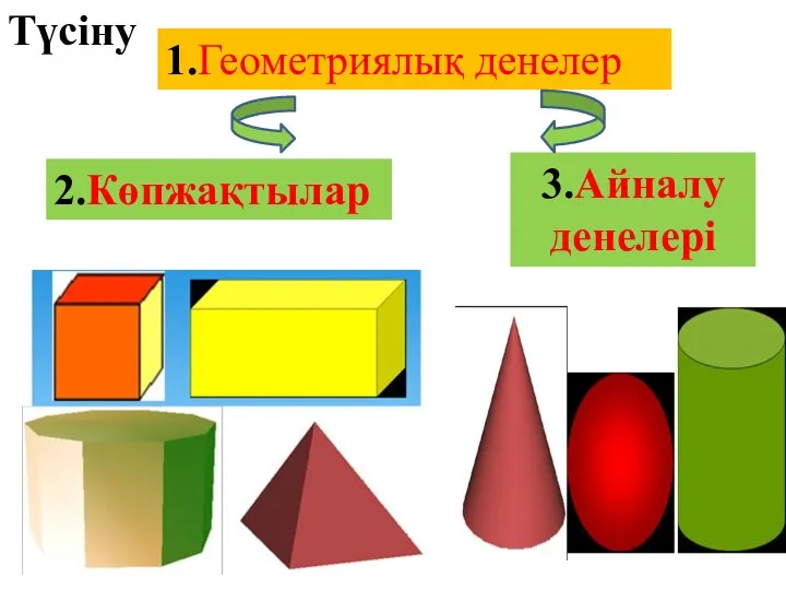 1.Геометриялық денелер 2.Көпжақтылар 3.Айналу денелері Түсіну