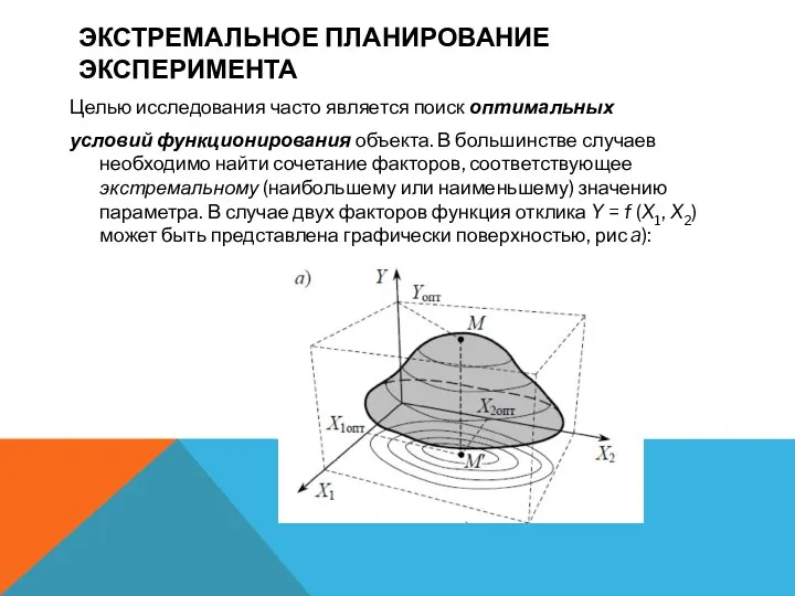 ЭКСТРЕМАЛЬНОЕ ПЛАНИРОВАНИЕ ЭКСПЕРИМЕНТА Целью исследования часто является поиск оптимальных условий функционирования