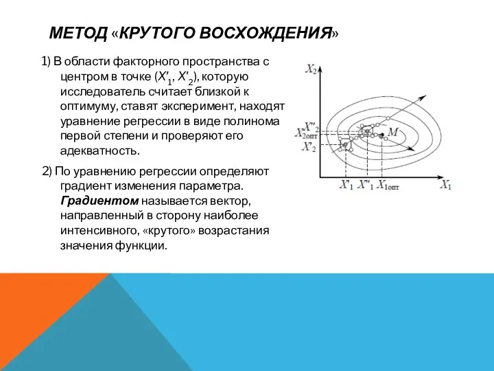 МЕТОД «КРУТОГО ВОСХОЖДЕНИЯ» 1) В области факторного пространства с центром в